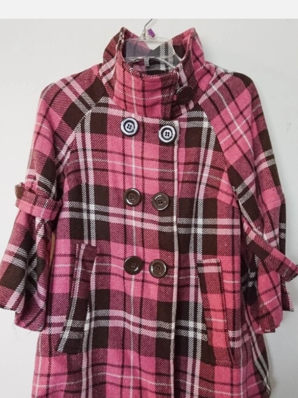 Y2K Rue21 Pink and Brown Plaid Double-Breasted Pea Coat